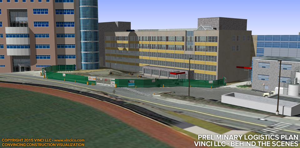 preliminary construction logistics model fence gates branding pedestrian crossing